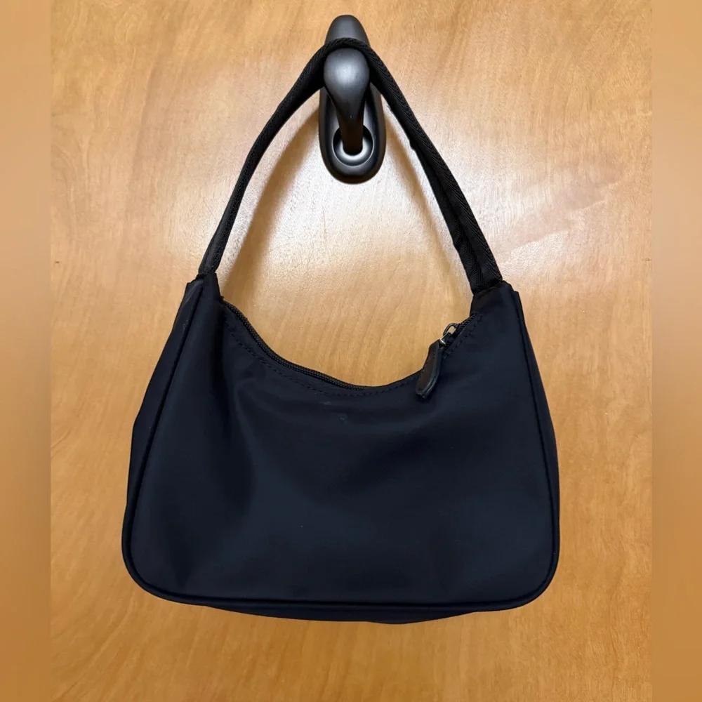 Vintage Prada Tessuto Nylon Mini Hobo Shoulder Bag Black Silver Logo Y2K - Picture 2 of 6